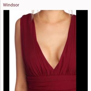 Windsor maroon overlay dress with slit.
